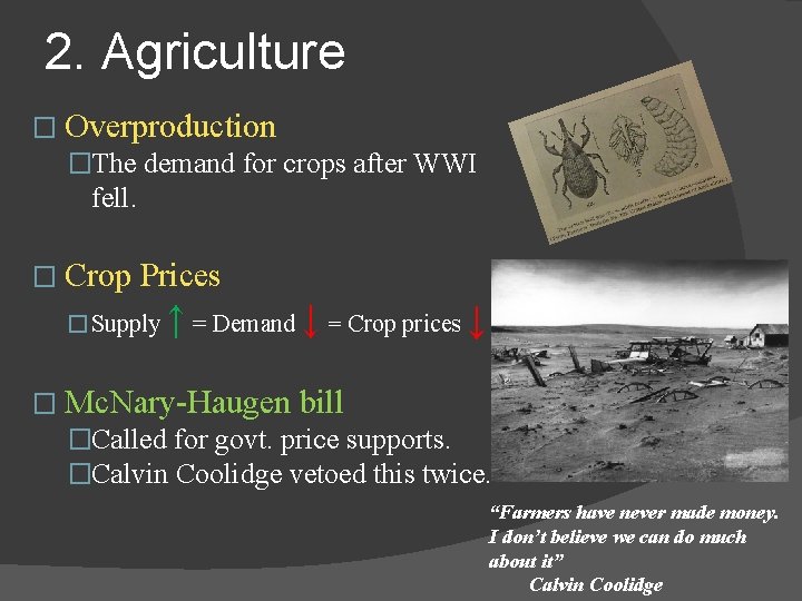 2. Agriculture � Overproduction �The demand for crops after WWI fell. � Crop Prices