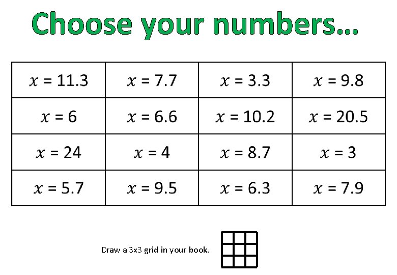 Choose your numbers… Draw a 3 x 3 grid in your book. 