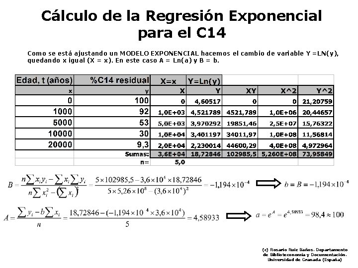 Cálculo de la Regresión Exponencial para el C 14 Como se está ajustando un