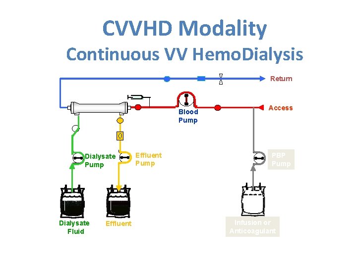 CVVHD Modality Continuous VV Hemo. Dialysis Return Hemofilter Dialysate Pump Dialysate Fluid Effluent Blood
