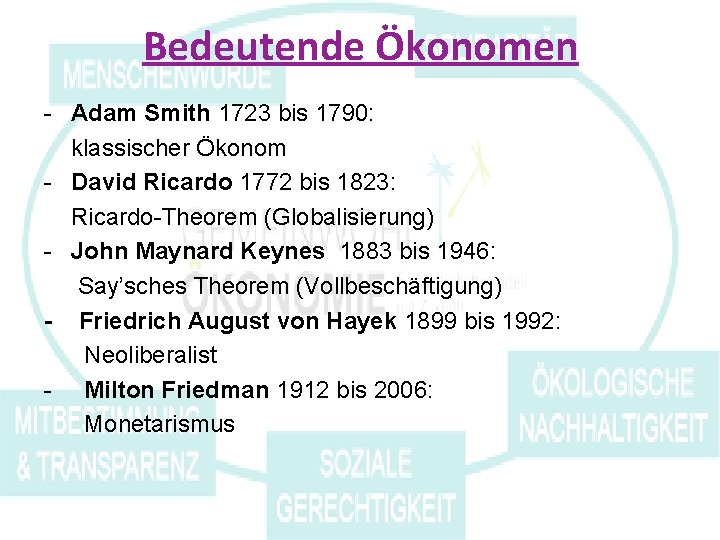 Bedeutende Ökonomen - Adam Smith 1723 bis 1790: klassischer Ökonom - David Ricardo 1772