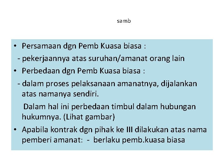 samb • Persamaan dgn Pemb Kuasa biasa : - pekerjaannya atas suruhan/amanat orang lain