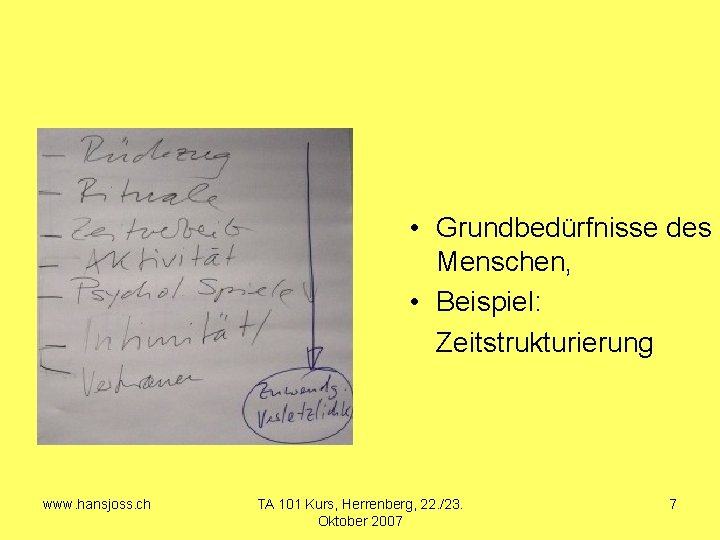  • Grundbedürfnisse des Menschen, • Beispiel: Zeitstrukturierung www. hansjoss. ch TA 101 Kurs,