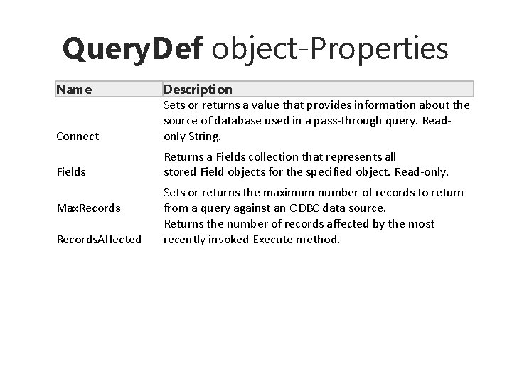 Query. Def object-Properties Name Connect Description Sets or returns a value that provides information Query. Def object-Properties Name Connect Description Sets or returns a value that provides information
