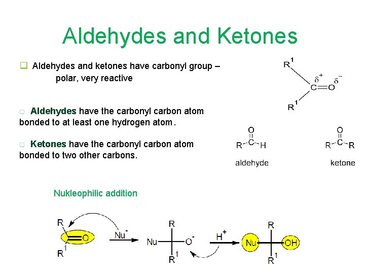 Aldehydes and Ketones q Aldehydes and ketones have carbonyl group – polar, very reactive