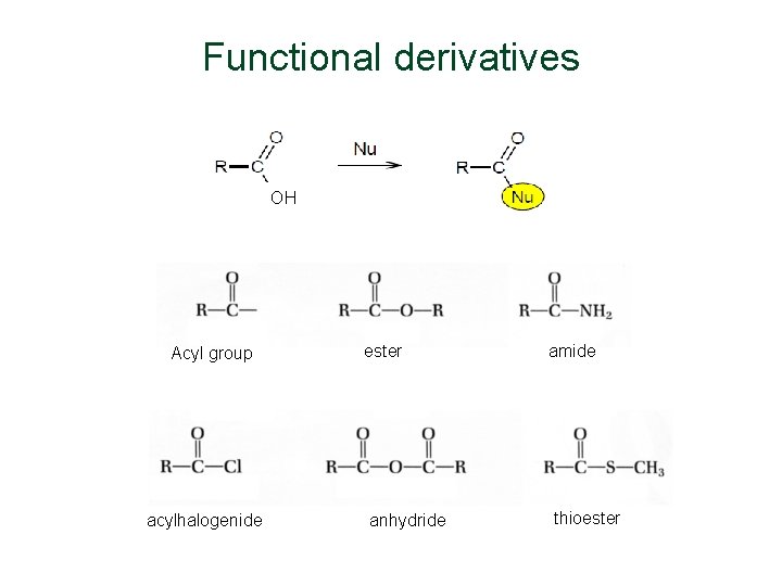 Functional derivatives OH Acyl group acylhalogenide ester anhydride amide thioester Functional derivatives OH Acyl group acylhalogenide ester anhydride amide thioester