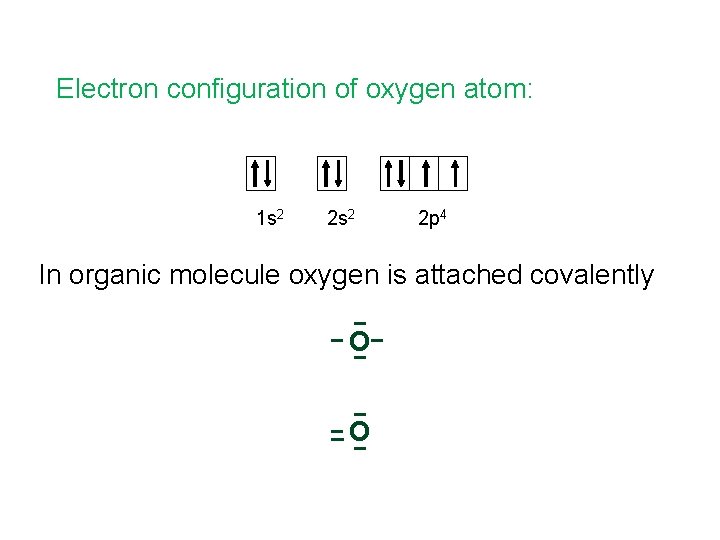 Electron configuration of oxygen atom: 1 s 2 2 p 4 In organic molecule Electron configuration of oxygen atom: 1 s 2 2 p 4 In organic molecule