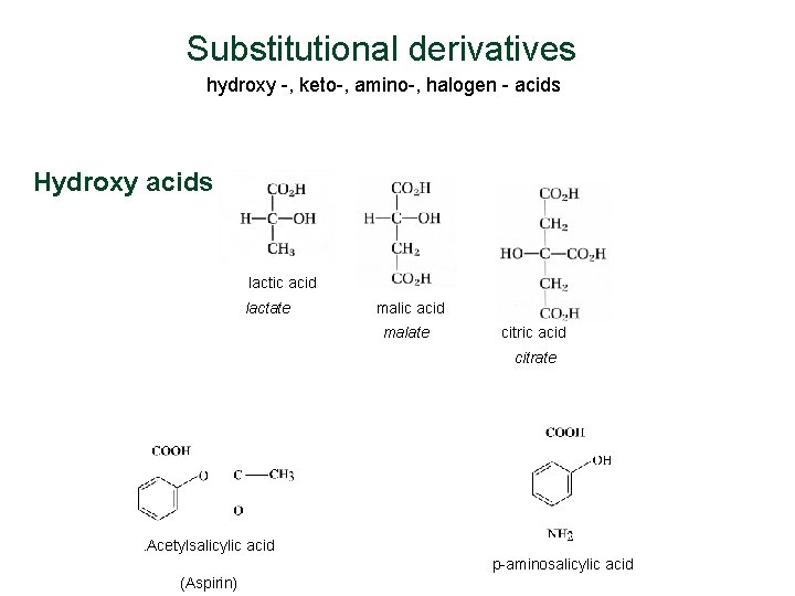 Substitutional derivatives hydroxy -, keto-, amino-, halogen - acids Hydroxy acids lactic acid lactate Substitutional derivatives hydroxy -, keto-, amino-, halogen - acids Hydroxy acids lactic acid lactate