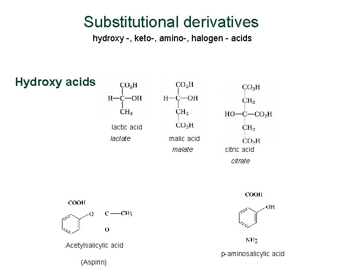 Substitutional derivatives hydroxy -, keto-, amino-, halogen - acids Hydroxy acids lactic acid lactate