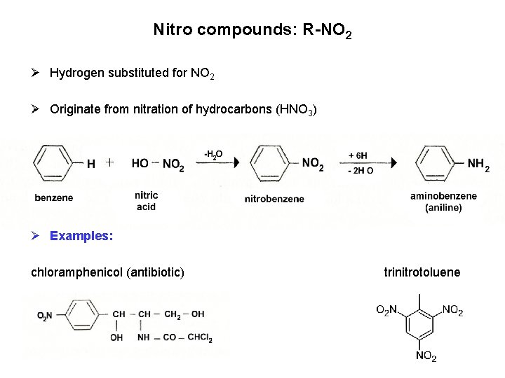 Nitro compounds: R-NO 2 Ø Hydrogen substituted for NO 2 Ø Originate from nitration