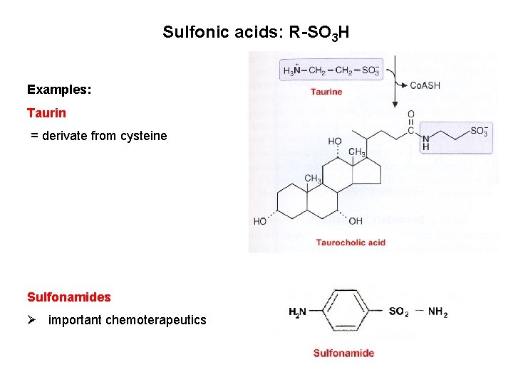 Sulfonic acids: R-SO 3 H Examples: Taurin = derivate from cysteine Sulfonamides Ø important Sulfonic acids: R-SO 3 H Examples: Taurin = derivate from cysteine Sulfonamides Ø important