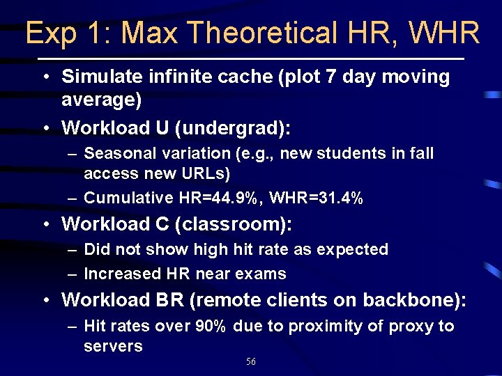 Exp 1: Max Theoretical HR, WHR • Simulate infinite cache (plot 7 day moving