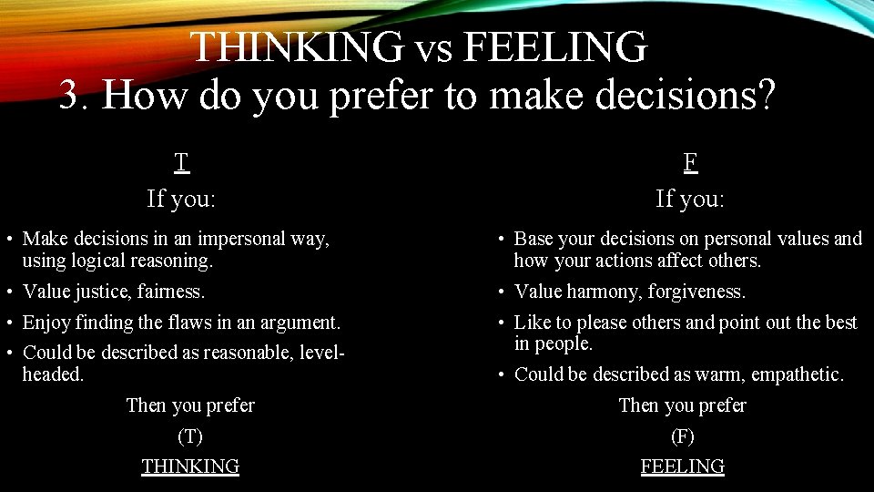 THINKING vs FEELING 3. How do you prefer to make decisions? T If you: