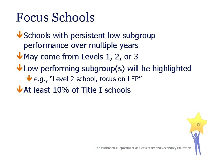 Focus Schools with persistent low subgroup performance over multiple years May come from Levels
