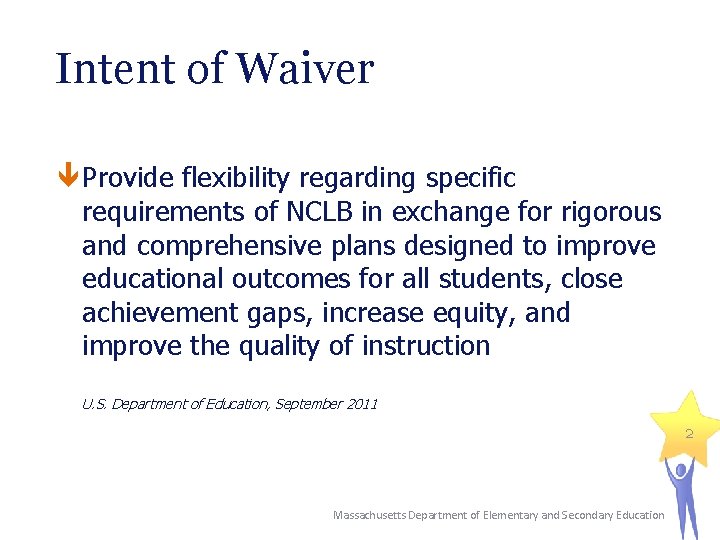 Intent of Waiver Provide flexibility regarding specific requirements of NCLB in exchange for rigorous