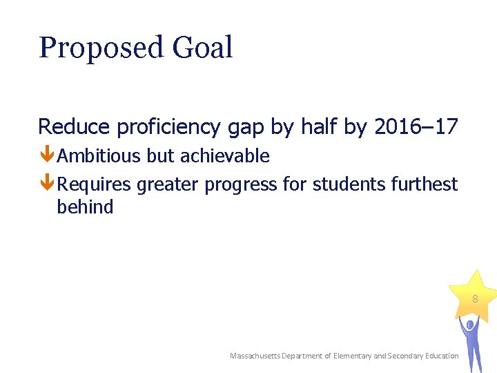 Proposed Goal Reduce proficiency gap by half by 2016– 17 Ambitious but achievable Requires