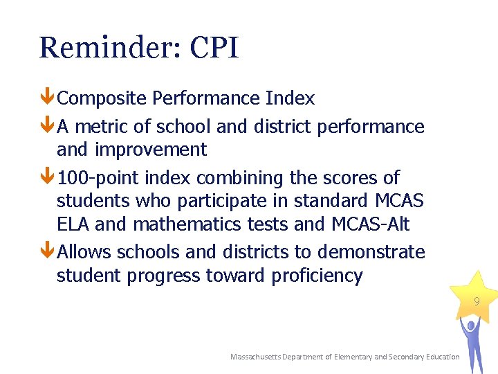 Reminder: CPI Composite Performance Index A metric of school and district performance and improvement