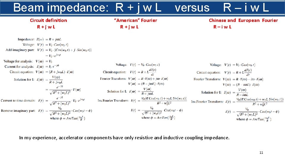 Beam impedance: R + j w L Circuit definition R+jw. L “American” Fourier R+jw.