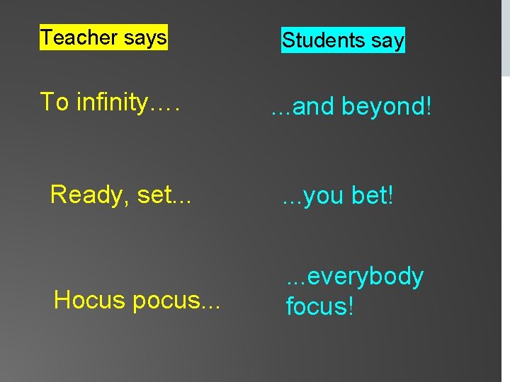 Teacher says To infinity…. Students say . . . and beyond! Ready, set. .