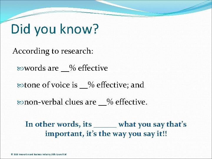 Did you know? According to research: words are __% effective tone of voice is