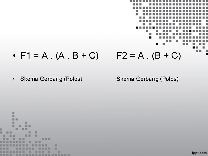  • F 1 = A. (A. B + C) F 2 = A.