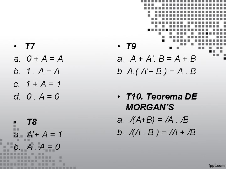  • a. b. c. d. T 7 0+A=A 1+A=1 0. A=0 • T