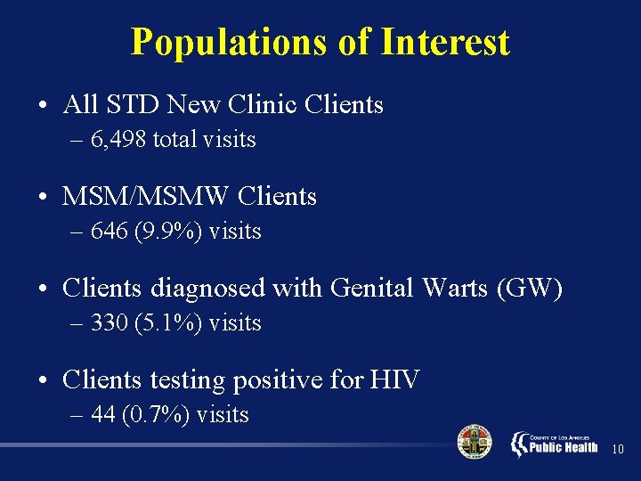 Populations of Interest • All STD New Clinic Clients – 6, 498 total visits