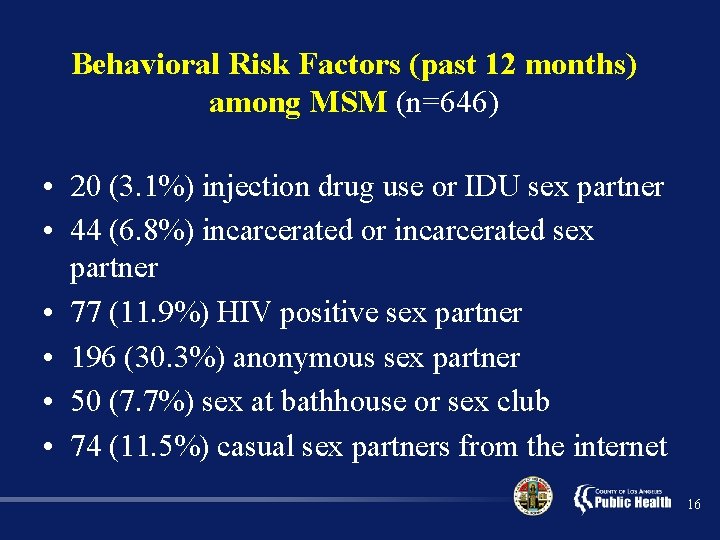 Behavioral Risk Factors (past 12 months) among MSM (n=646) • 20 (3. 1%) injection