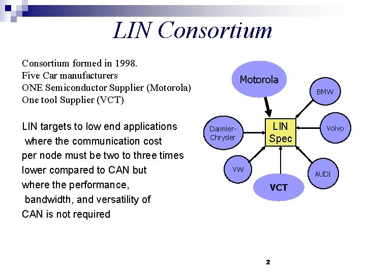 LIN Consortium formed in 1998. Five Car manufacturers ONE Semiconductor Supplier (Motorola) One tool