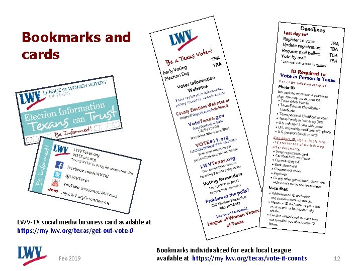 Bookmarks and cards LWV-TX social media business card available at https: //my. lwv. org/texas/get-out-vote-0