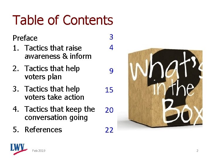 Table of Contents Preface 1. Tactics that raise awareness & inform 3 4 2.