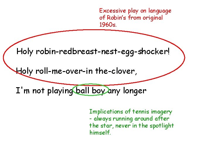 Excessive play on language of Robin’s from original 1960 s. Holy robin-redbreast-nest-egg-shocker! Holy roll-me-over-in