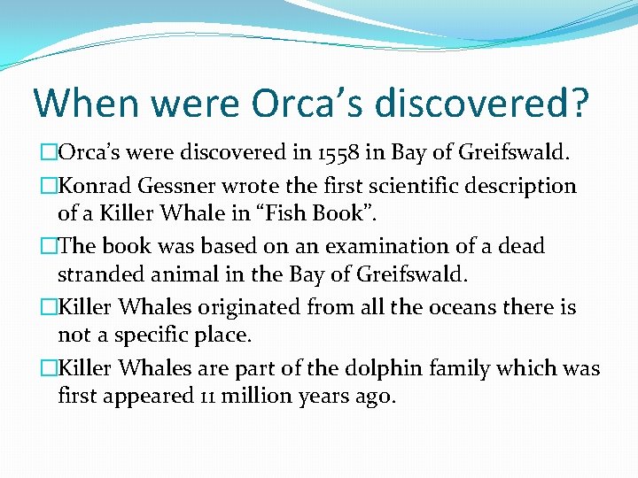 When were Orca’s discovered? �Orca’s were discovered in 1558 in Bay of Greifswald. �Konrad