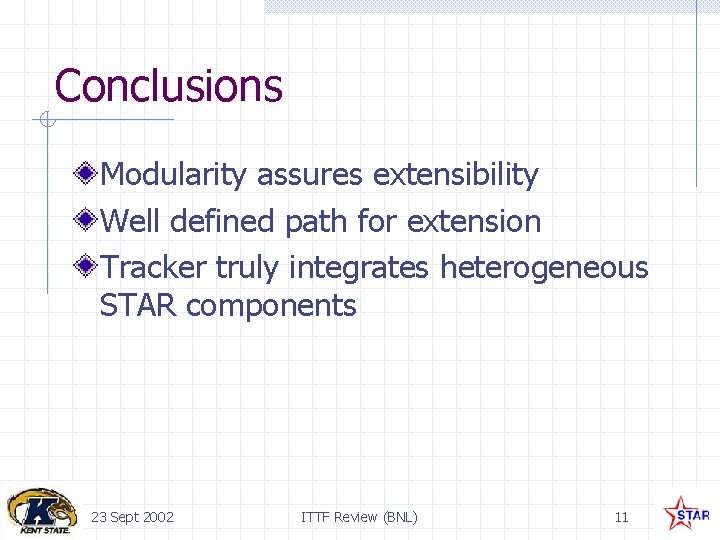 Conclusions Modularity assures extensibility Well defined path for extension Tracker truly integrates heterogeneous STAR