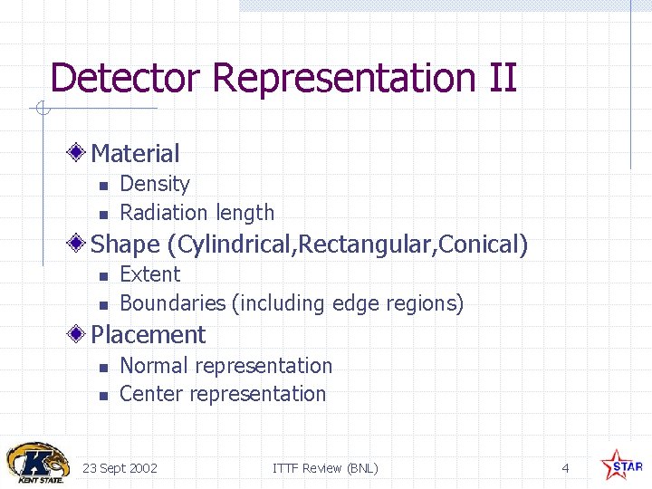 Detector Representation II Material n n Density Radiation length Shape (Cylindrical, Rectangular, Conical) n