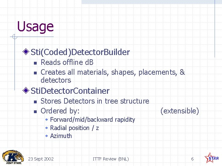 Usage Sti(Coded)Detector. Builder n n Reads offline d. B Creates all materials, shapes, placements,