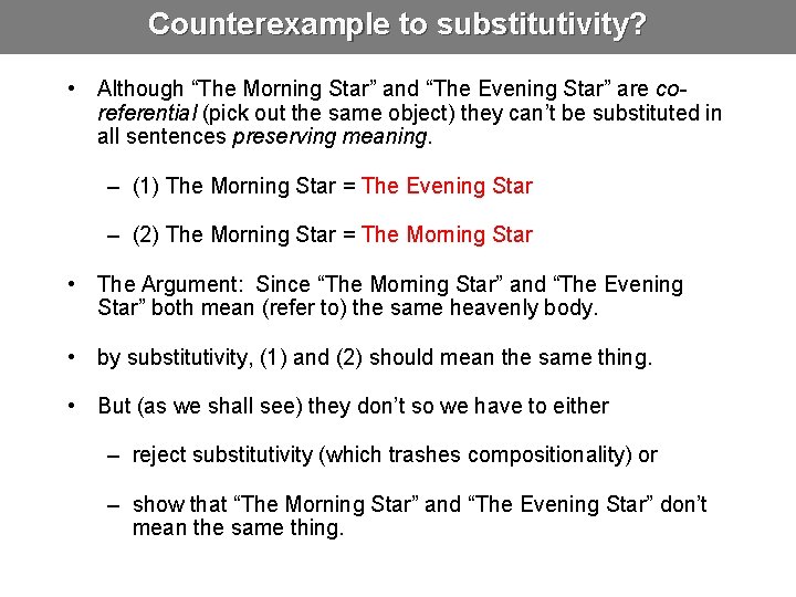 Counterexample to substitutivity? • Although “The Morning Star” and “The Evening Star” are coreferential