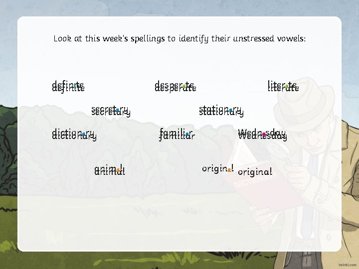 Look at this week’s spellings to identify their unstressed vowels: definite desperate secretary dictionary