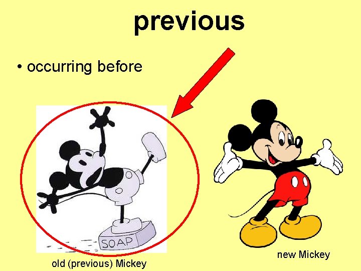 previous • occurring before old (previous) Mickey new Mickey 