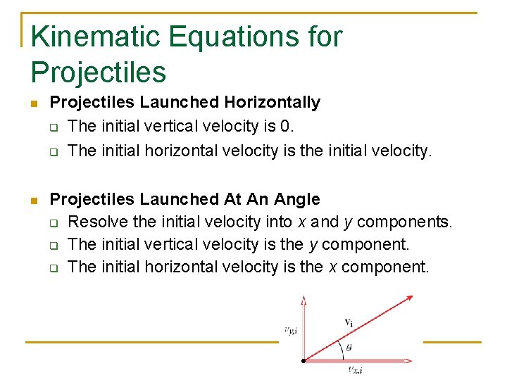 Kinematic Equations for Projectiles n Projectiles Launched Horizontally q The initial vertical velocity is