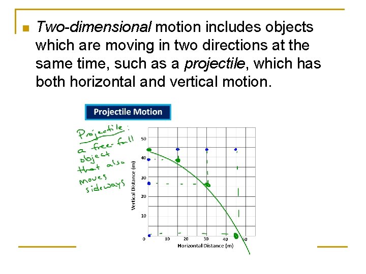 n Two-dimensional motion includes objects which are moving in two directions at the same