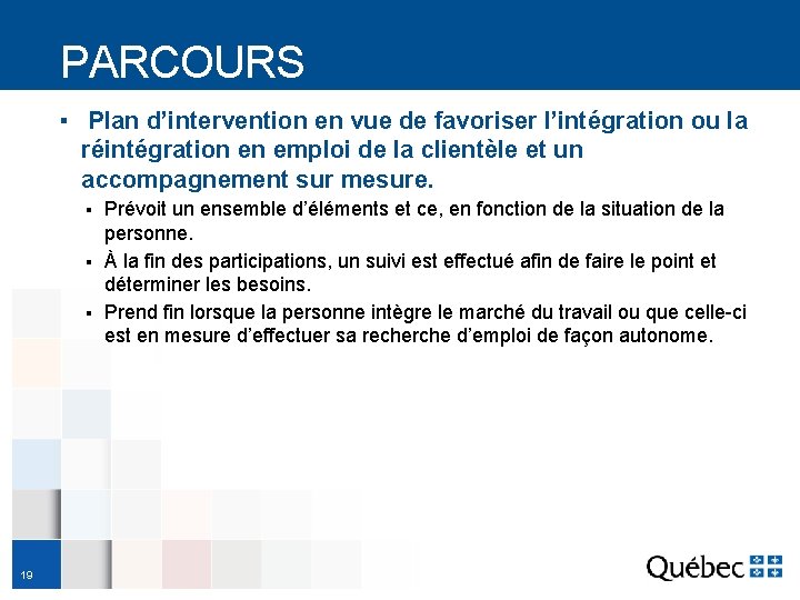 PARCOURS ▪ Plan d’intervention en vue de favoriser l’intégration ou la réintégration en emploi