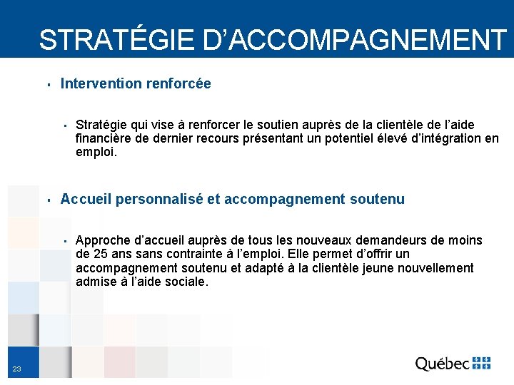 STRATÉGIE D’ACCOMPAGNEMENT ▪ Intervention renforcée ▪ ▪ Accueil personnalisé et accompagnement soutenu ▪ 23