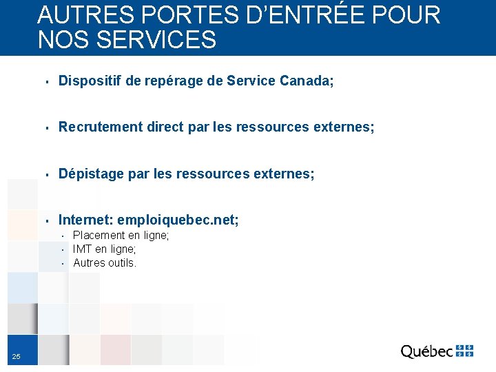 AUTRES PORTES D’ENTRÉE POUR NOS SERVICES ▪ Dispositif de repérage de Service Canada; ▪