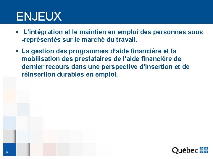 ENJEUX ▪ L’intégration et le maintien en emploi des personnes sous -représentés sur le