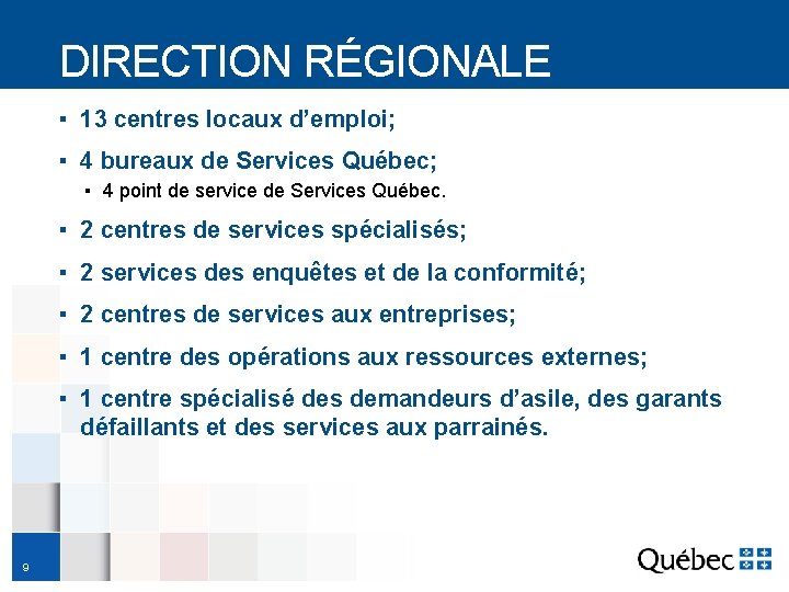 DIRECTION RÉGIONALE ▪ 13 centres locaux d’emploi; ▪ 4 bureaux de Services Québec; ▪