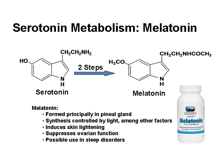 Serotonin Metabolism: Melatonin 2 Steps Serotonin Melatonin: • Formed principally in pineal gland •