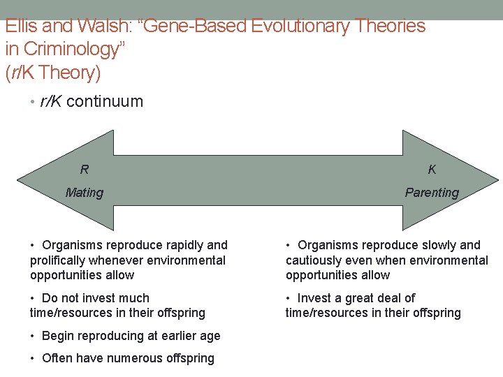 Ellis and Walsh: “Gene-Based Evolutionary Theories in Criminology” (r/K Theory) • r/K continuum R