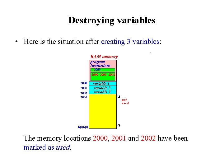Destroying variables • Here is the situation after creating 3 variables: The memory locations