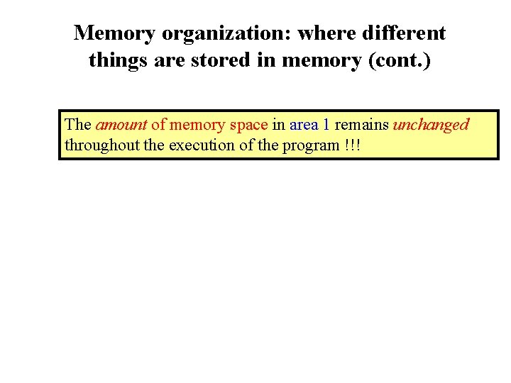 Memory organization: where different things are stored in memory (cont. ) The amount of